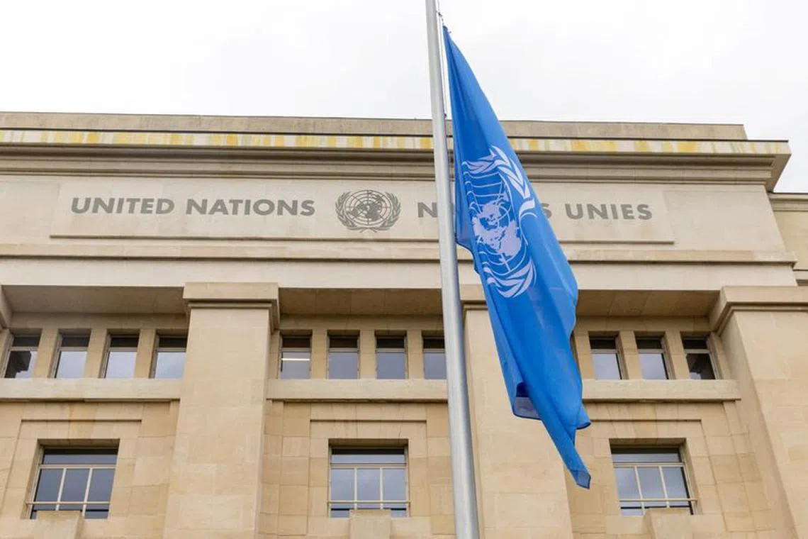 The United Nations flag flies at half-mast at the European headquarters, honouring the more than 100 employees killed in Gaza since the Israel-Hamas war began last month in Geneva, Switzerland, November 13, 2023.  REUTERS/Denis Balibouse