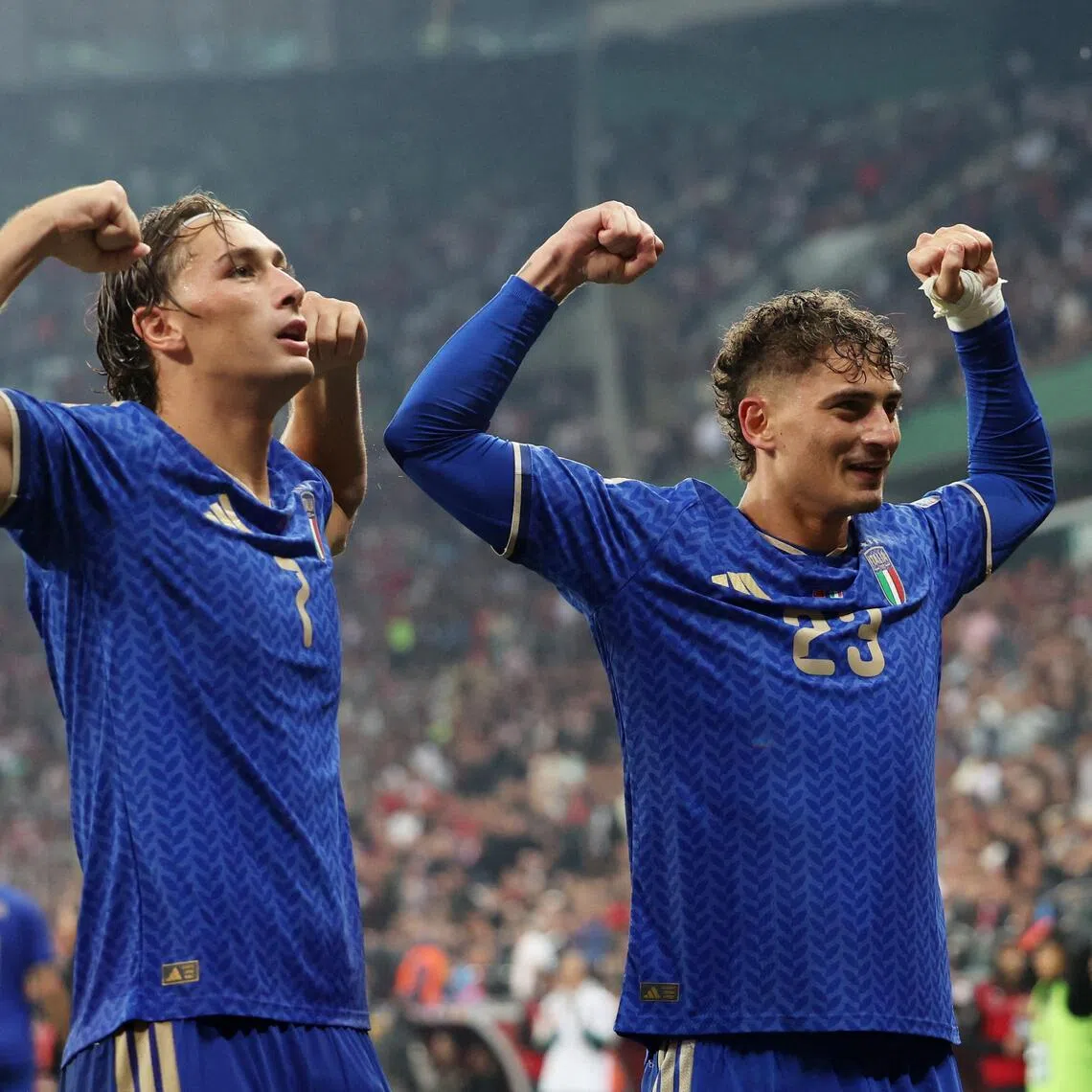 Italy’s Pio Esposito (left) scored the third goal against Turkey, six days after he scored against the same opposition.