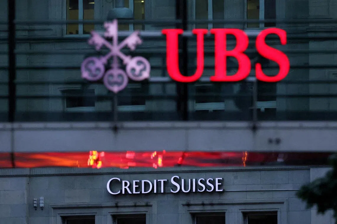 FILE PHOTO: FILE PHOTO: Logos of Swiss banks Credit Suisse and UBS are seen before a news conference in Zurich Switzerland, August 30, 2023.  REUTERS/Denis Balibouse/File Photo/File Photo