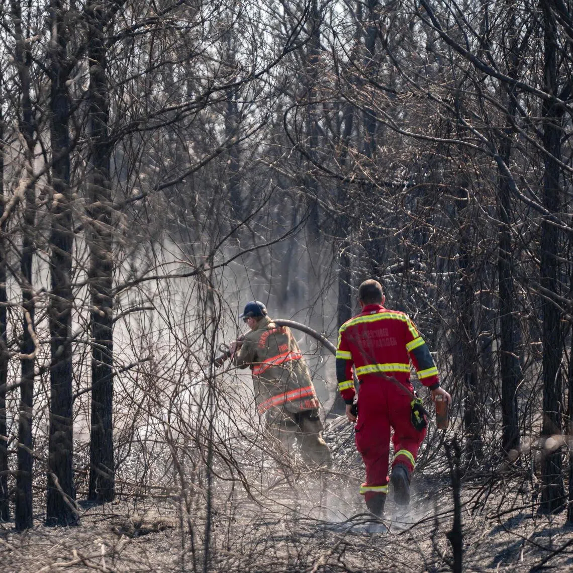 Firefighters put out a hot spot from the Brantley Highway 82 fire on April 24, 2026 in Atkinson, Georgia.  
