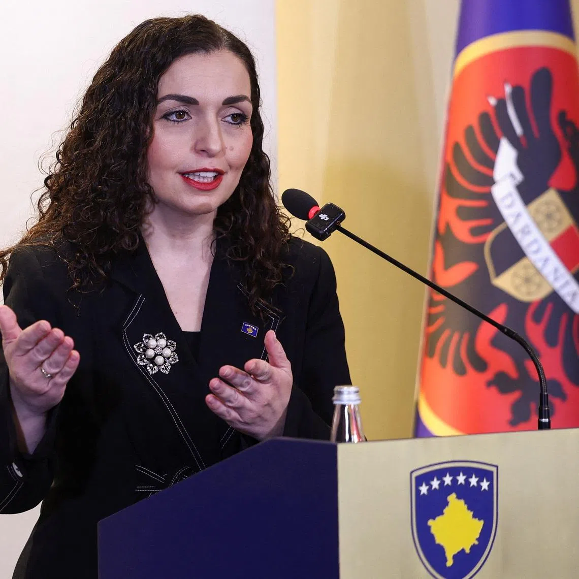 President of the Republic of Kosovo Vjosa Osmani speaks during a press conference to dissolve the parliament a day after lawmakers failed to elect a new head ​of state within the constitutional ​deadline, in Pristina, Kosovo March 6, 2026. REUTERS/Valdrin Xhemaj