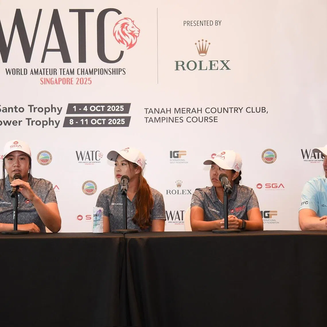 (From left) Team Singapore's Chen Xingtong, Valencia Chang, Inez Ng and national coach Murray Smit at the pre-tournament press conference at the Tanah Merah Country Club on Sept 30.