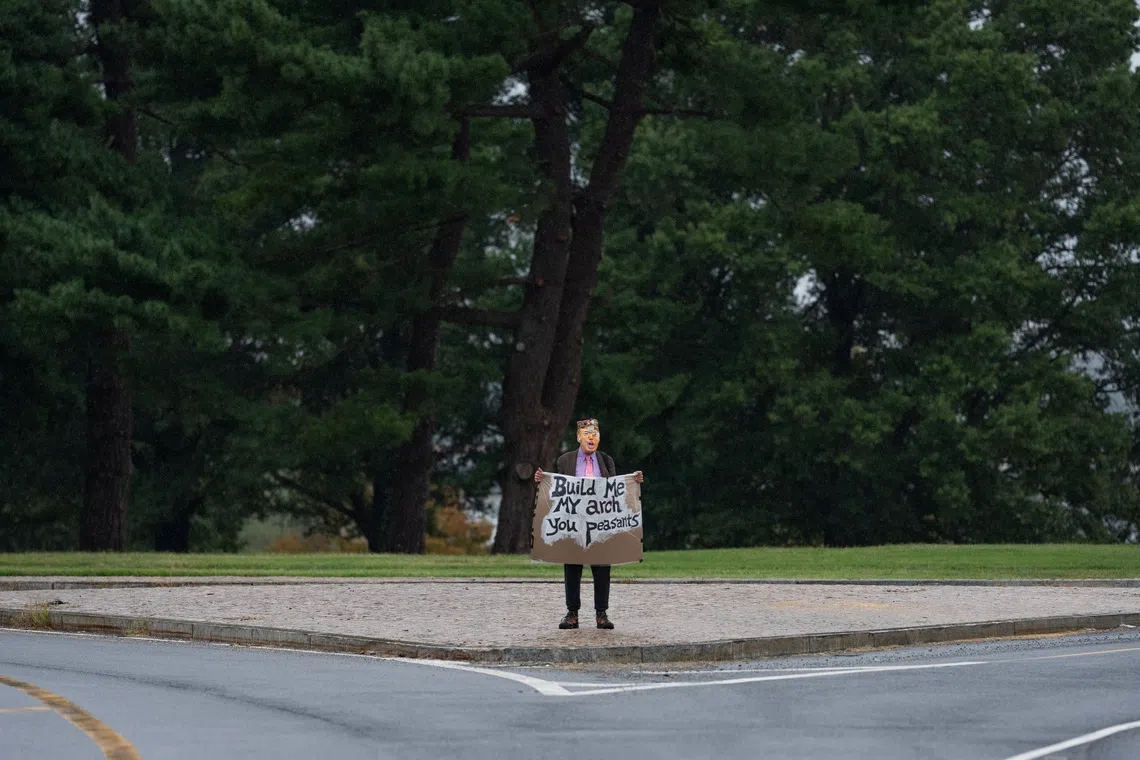 A demonstrator protests US President Donald Trump’s proposed triumphal arch at its proposed site in Memorial Circle on Sept 21.
