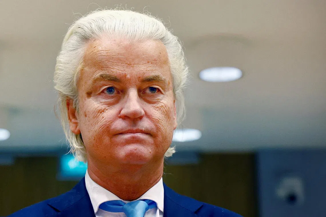 FILE PHOTO: Dutch far-right politician Geert Wilders attends the Schiphol Judicial Complex, on the day the case against a 37-year-old Pakistani man for incitement to murder Geert Wilders is due to start, Badhoevedorp, Netherlands, August 29, 2023. REUTERS/Piroschka van de Wouw/File Photo