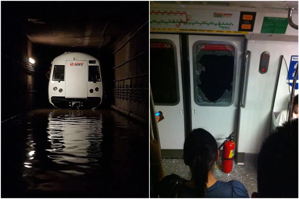 A flooded tunnel between Bishan and Braddell MRT stations in 2017 and a train window that was smashed to let in air after a service disruption in 2011.