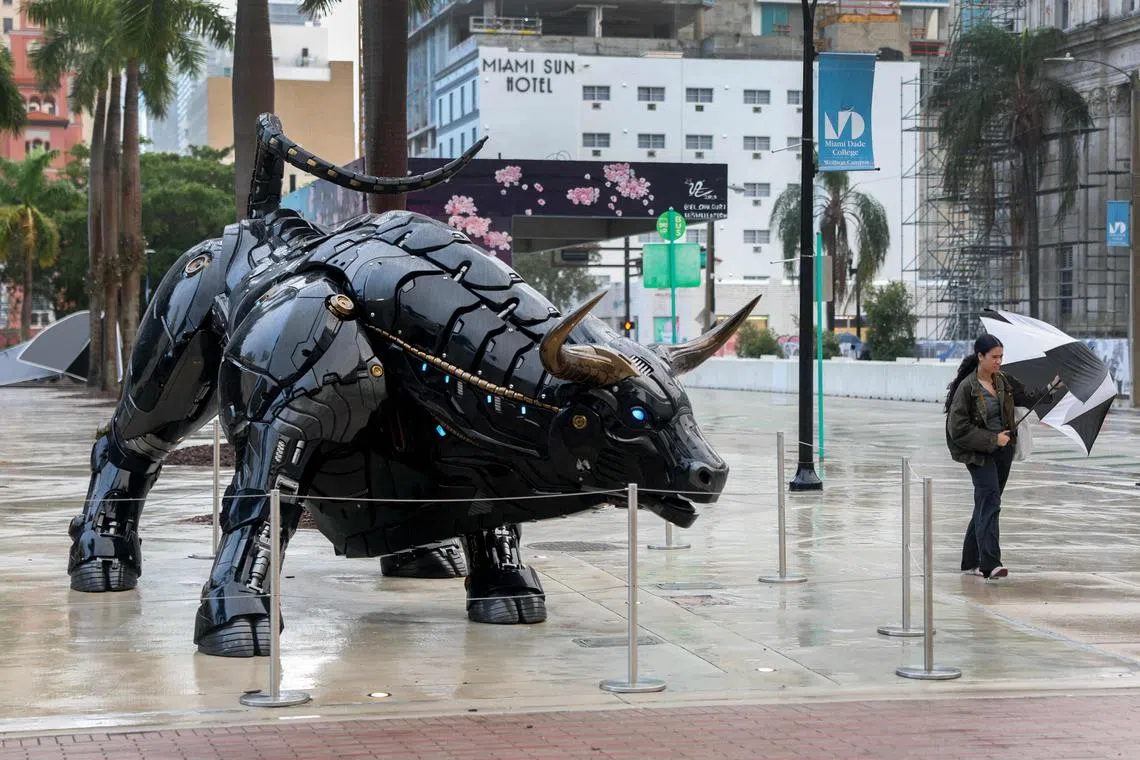 A robo-crypto bull statue on the Miami Dade College Wolfson campus in Florida.