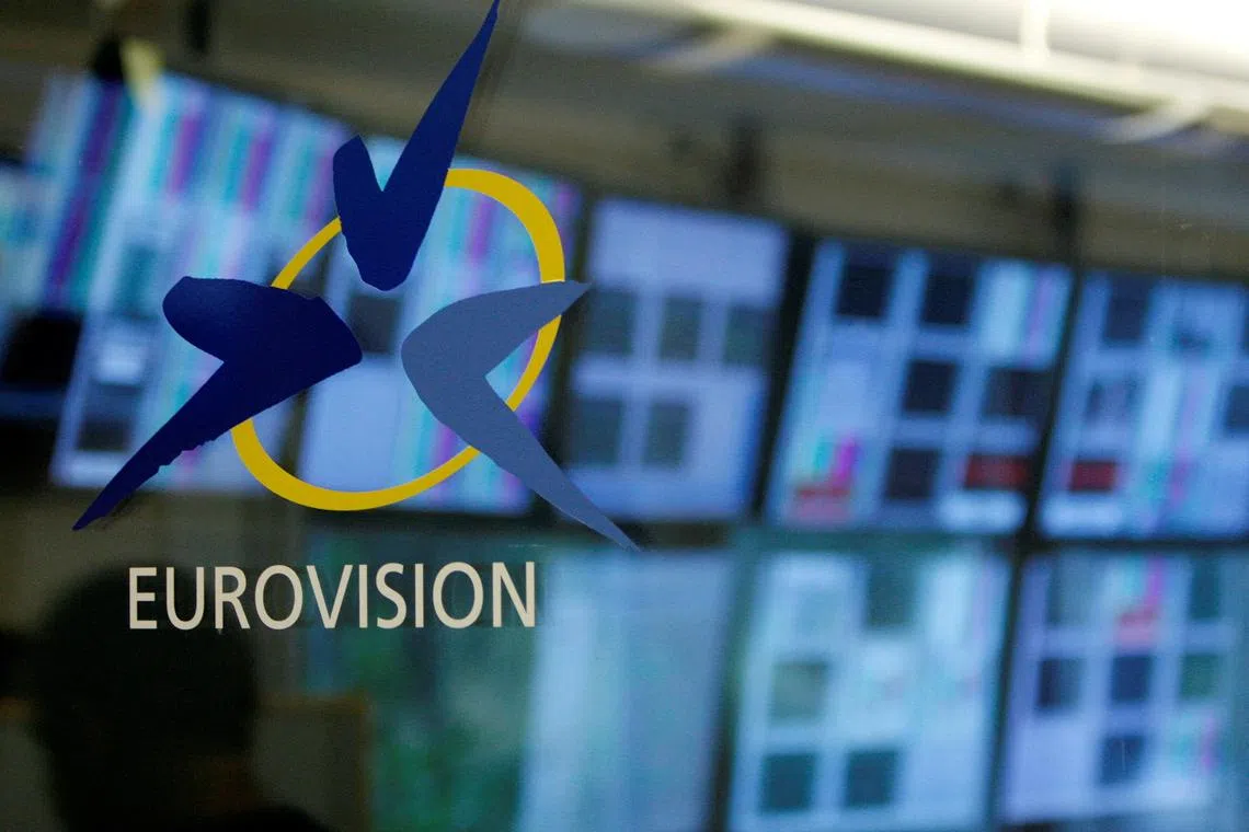 FILE PHOTO: The Eurovision logo is pictured at the entrance of the master room of the European Broadcast Union (EBU) in Geneva November 13, 2007. REUTERS/Denis Balibouse/File Photo