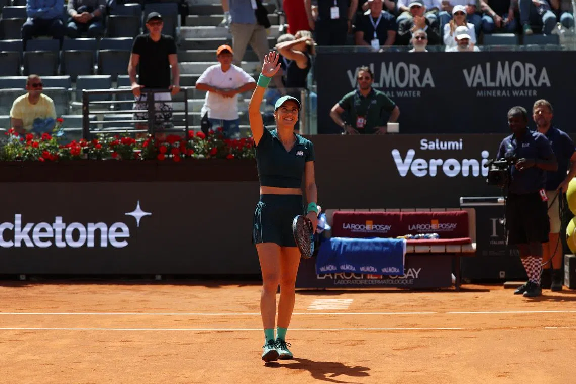 Tennis - Italian Open - Foro Italico, Rome, Italy - May 12, 2026 Romania's Sorana Cirstea celebrates after winning her quarter final match against Latvia's Jelena Ostapenko REUTERS/Claudia Greco