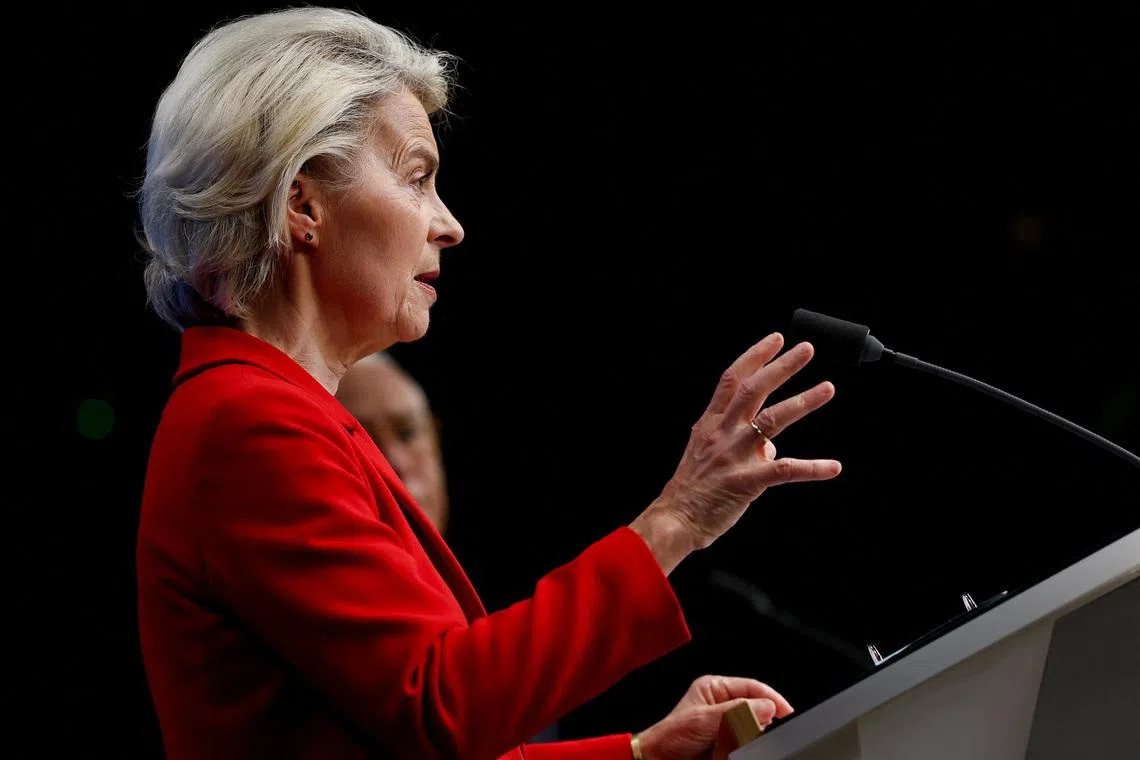President of the European Commission Ursula von der Leyen speaks during a press conference after attending a special summit of European Union leaders to discuss transatlantic relations following U.S. President Donald Trump's threats to impose new tariffs on goods from a list of EU countries over his demand to acquire Greenland, in Brussels, Belgium January 23, 2026. REUTERS/Yves Herman