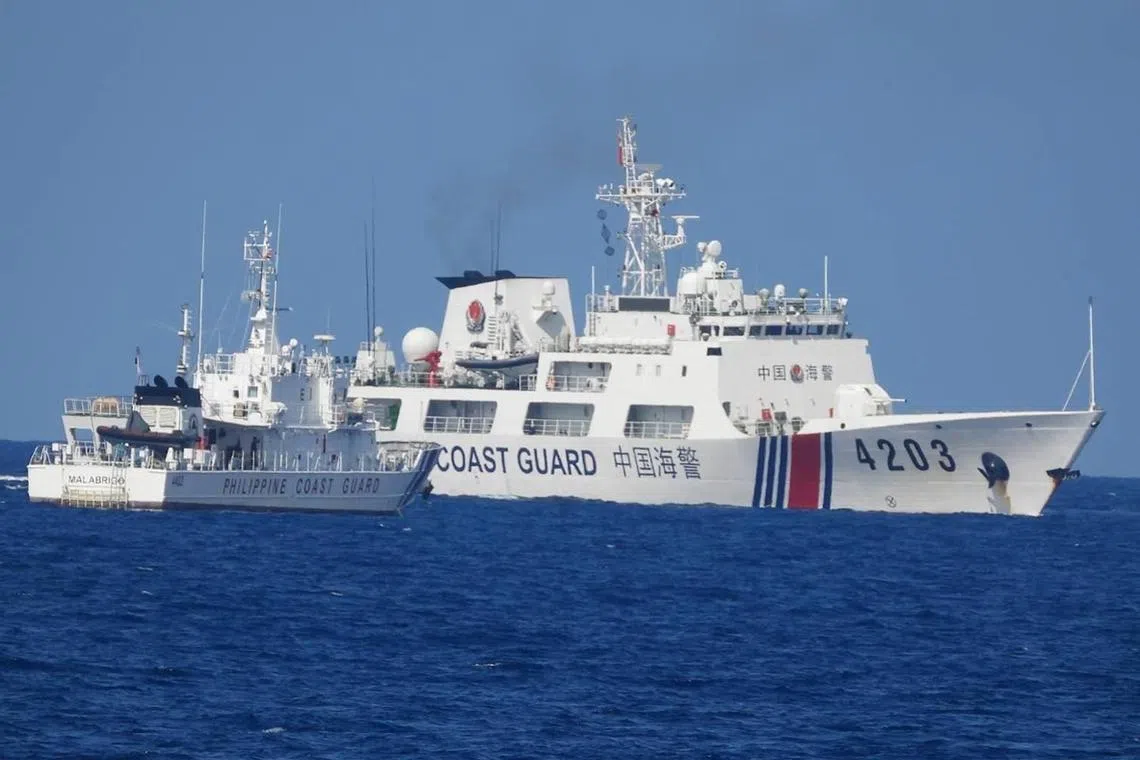 The Philippine Coast Guard's BRP Malabrigo blocked by a Chinese Coast Guard vessel in the South China Sea on June 30.
