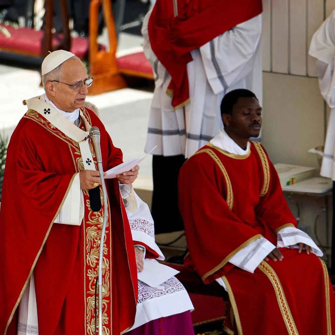 Pope Leo XIV delivers a homily during the Palm Sunday Mass in Saint Peter's Square at the Vatican, March 29, 2026.