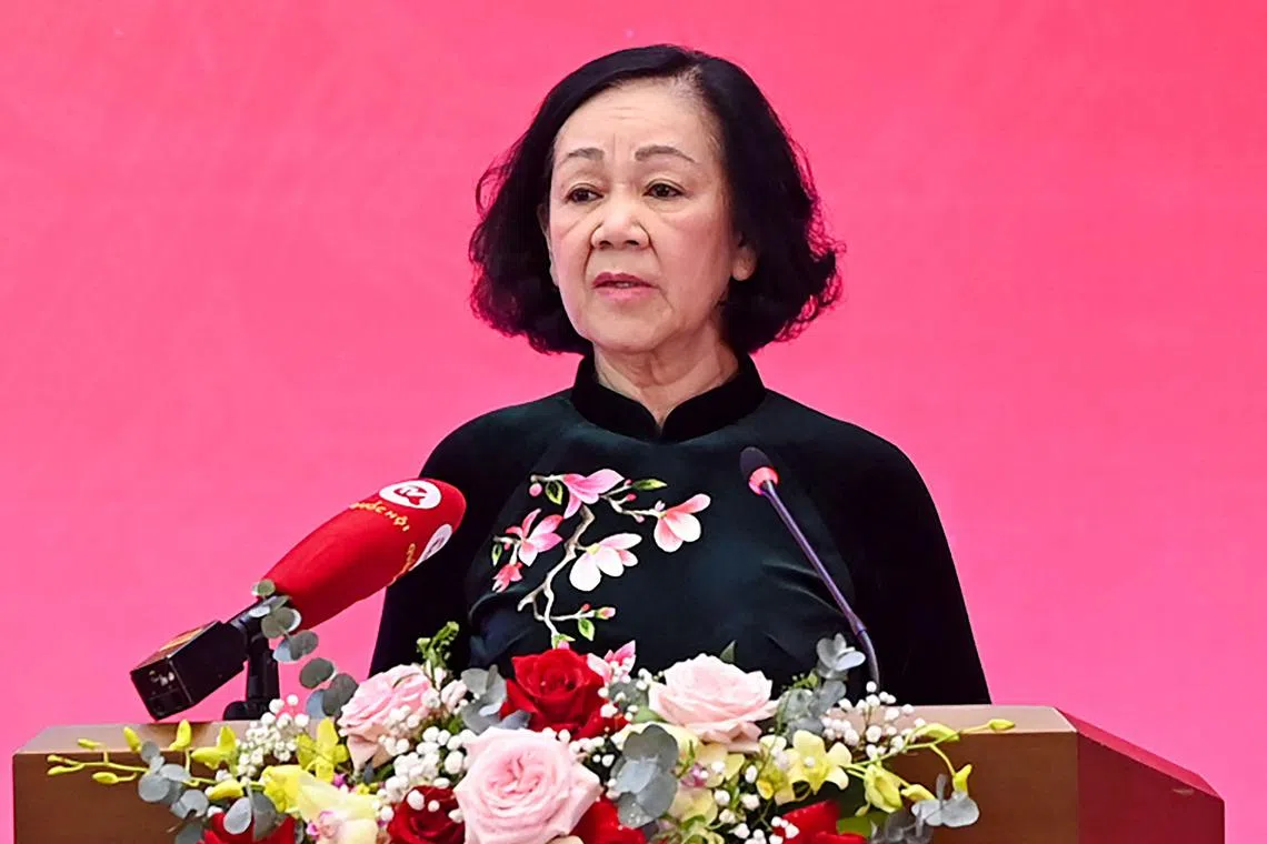 This photo taken on March 11, 2024 shows Truong Thi Mai, then a member of Vietnam's Politburo, speaking at a meeting in Hanoi. Truong Thi Mai, an influential member of Vietnam's powerful Politburo, has resigned, the Communist Party of Vietnam said on May 16, weeks after the president and national assembly head stepped down as part of a sweeping anti-corruption campaign. (Photo by AFP)