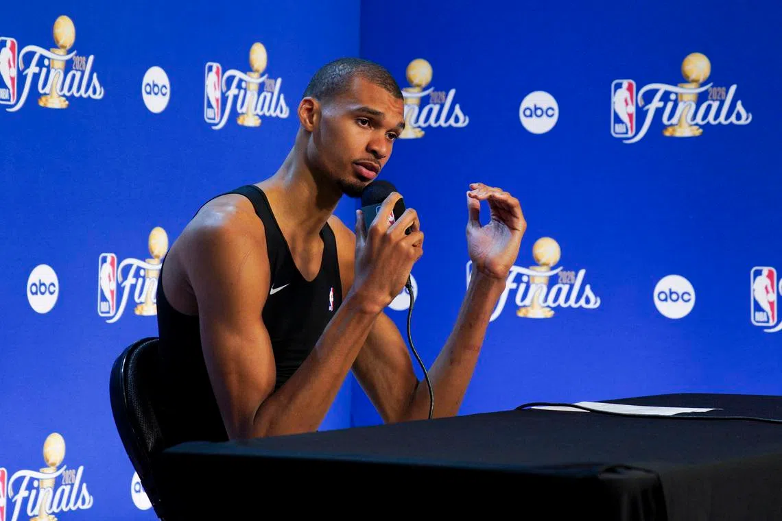 Jun 13, 2026; San Antonio, Texas, USA; San Antonio Spurs forward Victor Wembanyama (1) speaks to the media after the New York Knicks defeat the Spurs during game five of the 2026 NBA Finals at Frost Bank Center. Mandatory Credit: Dustin Safranek-Imagn Images