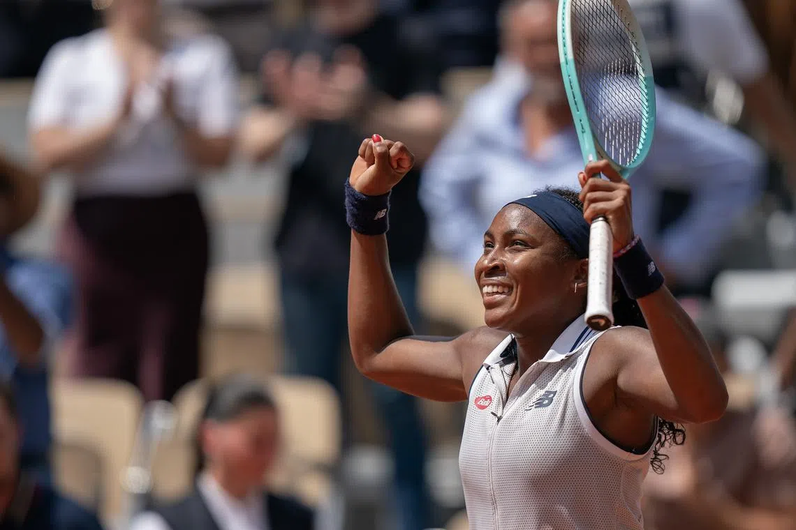 Jun 4, 2024; Paris, France; Coco Gauff of the United States celebrates winning her match against Ons Jabeur of Tunisia on day 10 of Roland Garros at Stade Roland Garros. Mandatory Credit: Susan Mullane-USA TODAY Sports
