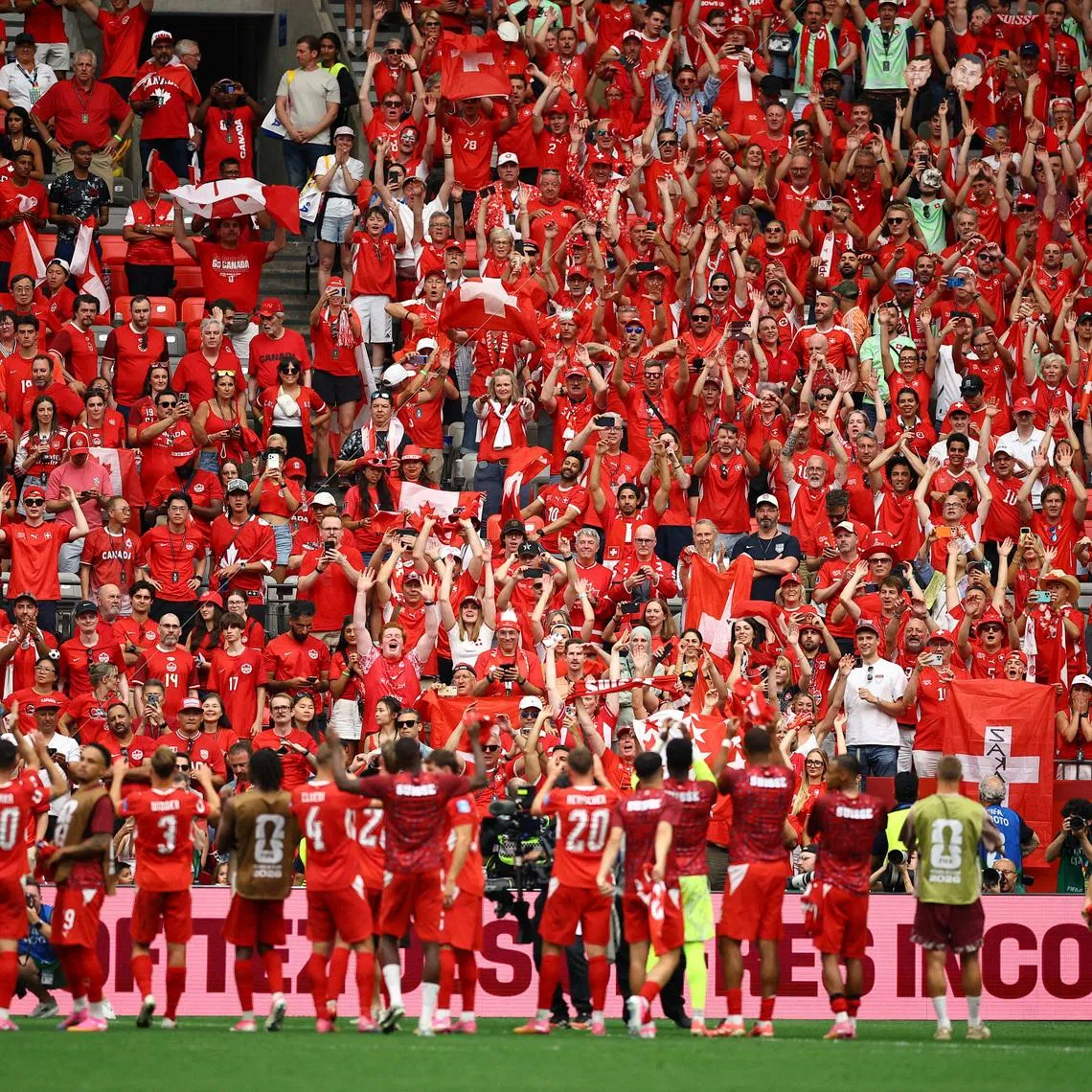 Soccer Football - FIFA World Cup 2026 - Group B - Switzerland v Canada - BC Place, Vancouver, Canada - June 24, 2026 Switzerland players celebrate after the match REUTERS/Agustin Marcarian