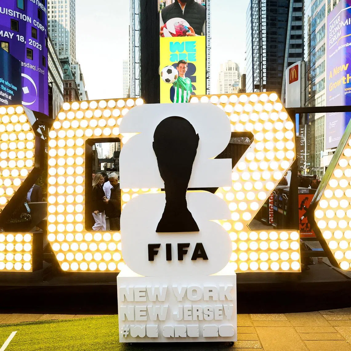 FILE PHOTO: The New York/New Jersey's FIFA World Cup 2026 logo is revealed during the kickoff event in Times Square in New York City, U.S., May 18, 2023.  REUTERS/Brendan McDermid/File Photo