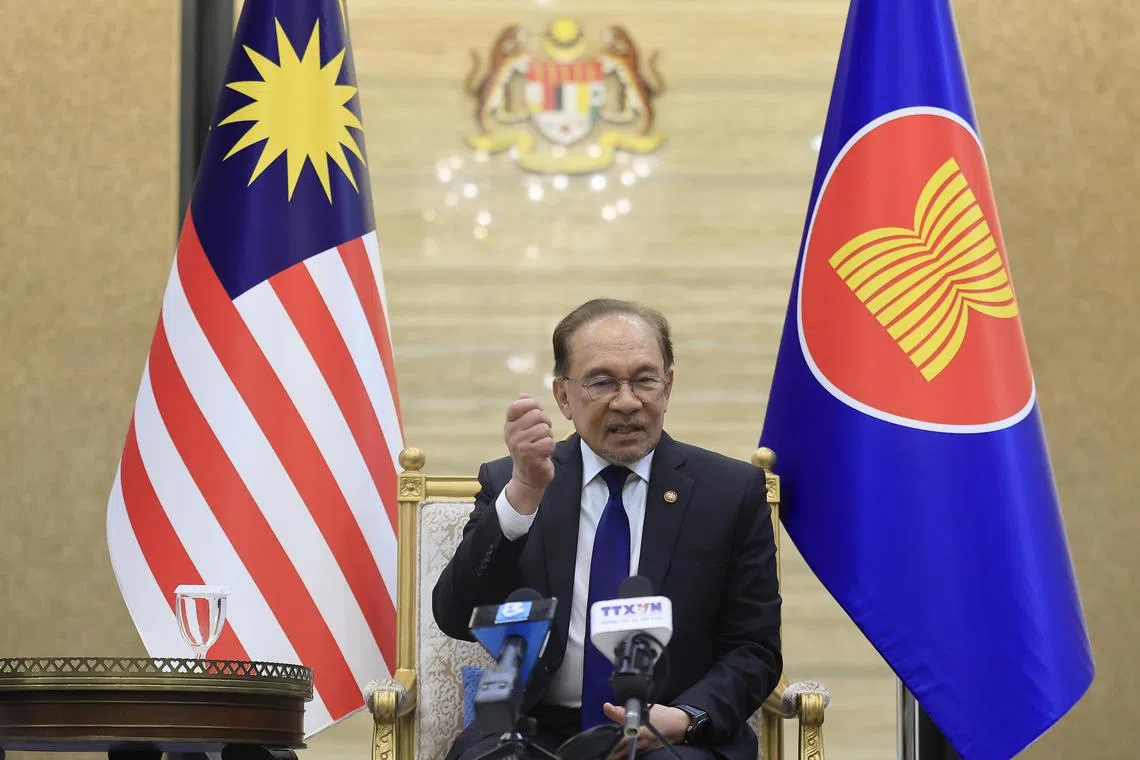 Malaysia's Prime Minister Anwar Ibrahim addressing key issues in an exclusive interview with select regional press, including The Straits Times, on the 46th Asean Summit at the Prime Minister’s Office on May 25, 2025.