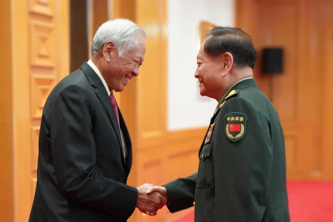 Defence Minister Ng Eng Hen met Chinese general Zhang Youxia in Beijing on Sept 12 to reaffirm bilateral defence ties and discuss security issues.