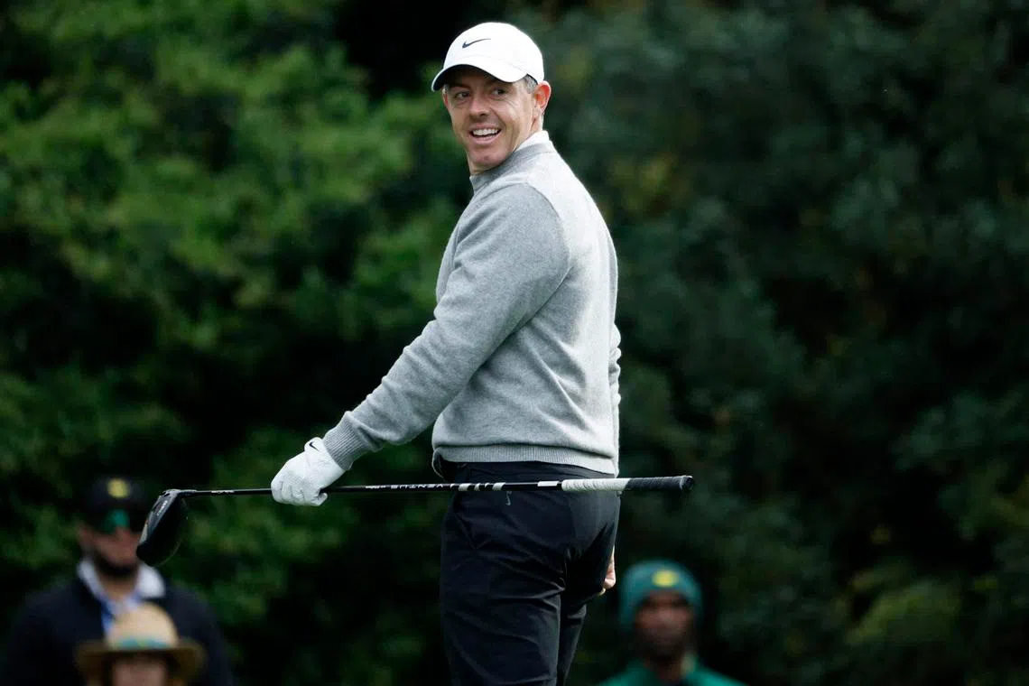 Golf - The Masters - Augusta National Golf Club, Augusta, Georgia, U.S. - April 7, 2026 Northern Ireland's Rory McIlroy reacts after his tee shot on the 11th hole during a practice round REUTERS/Brian Snyder