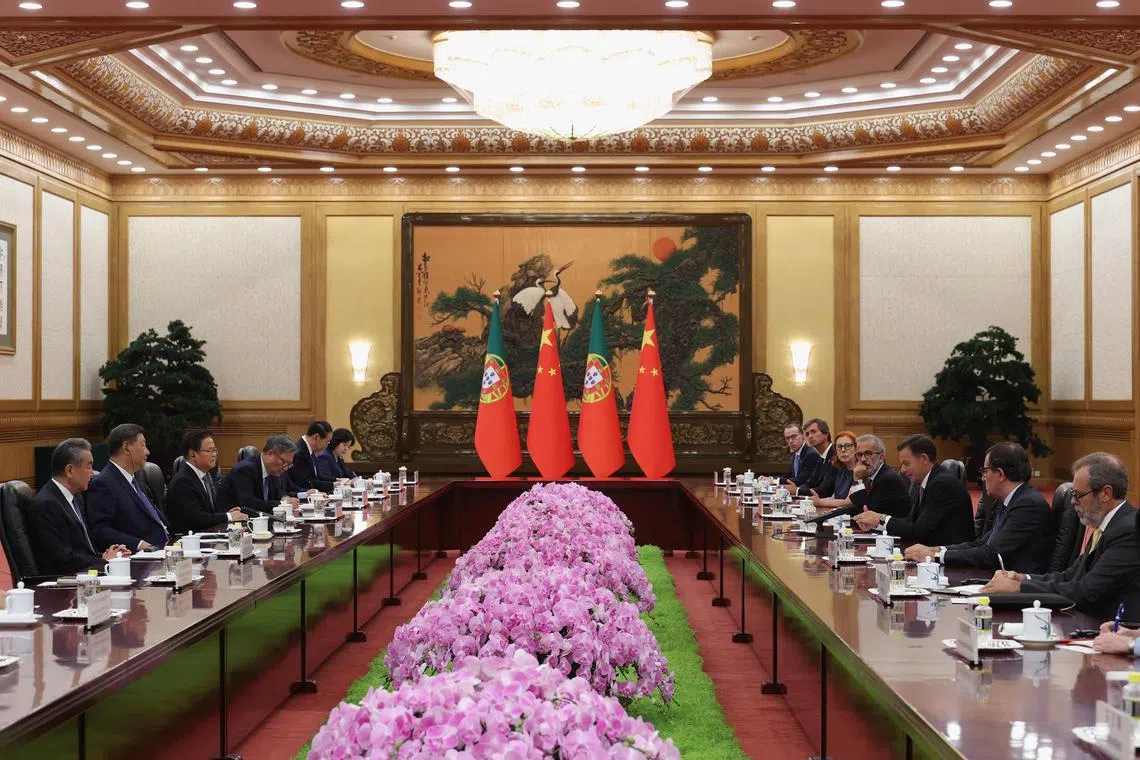 Chinese President Xi Jinping (second from left) and Portuguese Prime Minister Luis Montenegro (third from right) meeting in Beijing on Sept 9.