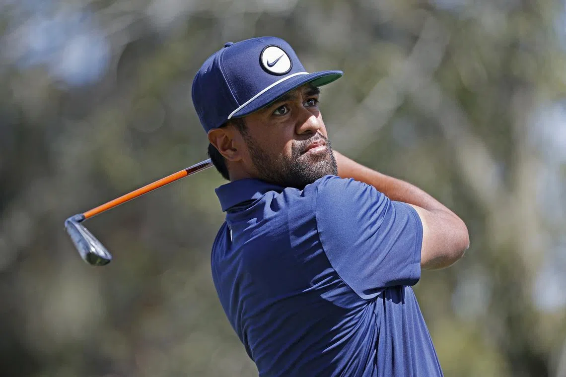 FILE PHOTO: Mar 14, 2025; Ponte Vedra Beach, Florida, USA; Tony Finau hits off of the sixth tee during the second round of The Players Championship golf tournament at TPC Sawgrass. Mandatory Credit: Jeff Swinger-Imagn Images/File Photo
