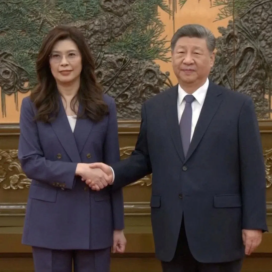 Cheng Li-wun, chairperson of the Kuomintang (KMT), Taiwan's largest opposition party, shakes hands with Chinese President Xi Jinping at the Great Hall of the People in Beijing, China April 10, 2026, in this screengrab from a video provided by CTI. CTI via REUTERS TV