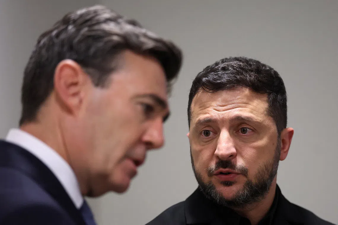 Ukrainian President Volodymyr Zelenskiy speaks with Britain's Prime Minister Andy Burnham during a meeting on the sidelines of the 81st United Nations General Assembly, in New York City, US, September 22, 2026. REUTERS/Toby Melville/Pool