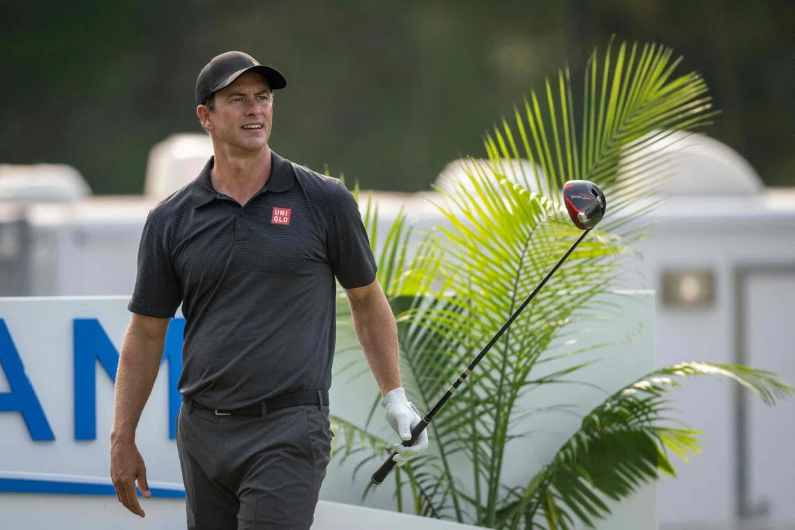 Adam Scott of Australia plays his tee shot on hole 18 during the pro-am prior to the Wyndham Championship.