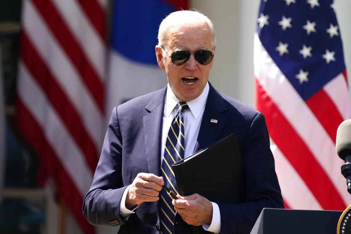 US President Joe Biden speaks at a joint press conference with South Korean President Yoon Suk Yeol (not pictured) at the White House.