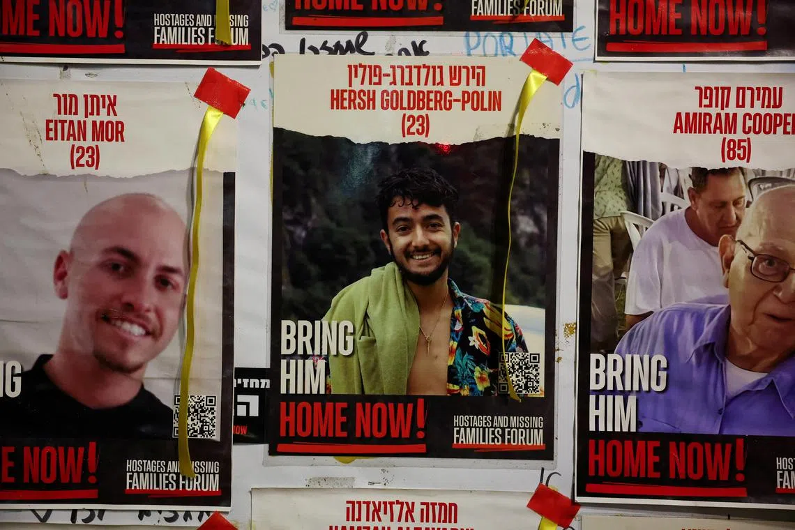 A view of a banner depicting Hersh Goldberg-Polin, an Israeli-American seized during the Oct 7 attack on Israel and taken hostage into Gaza, in Tel Aviv on April 24. 