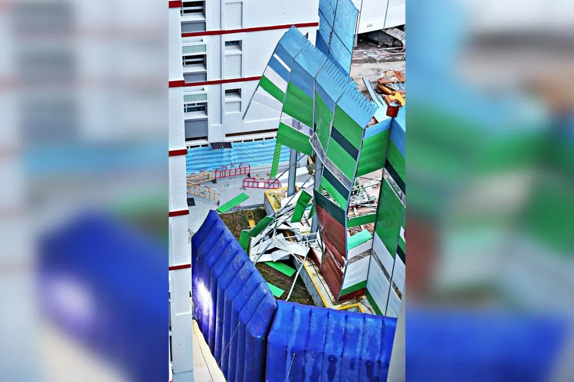 Damaged panels were seen in a pile on the ground, at the construction site of an MRT station in Pasir Ris.