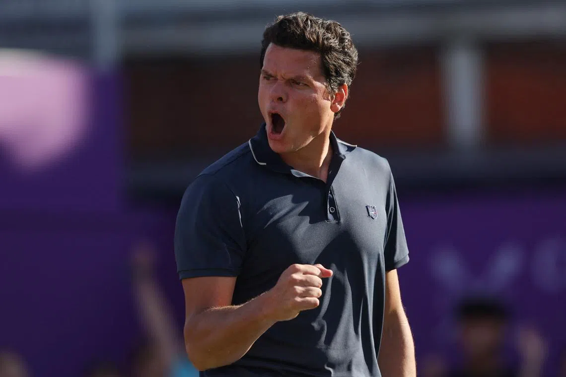 Tennis - Queen's Club Championships - The Queen's Club, London, Britain - June 17, 2024 Canada's Milos Raonic reacts during his round of 32 match against Britain's Cameron Norrie Action Images via Reuters/Paul Childs