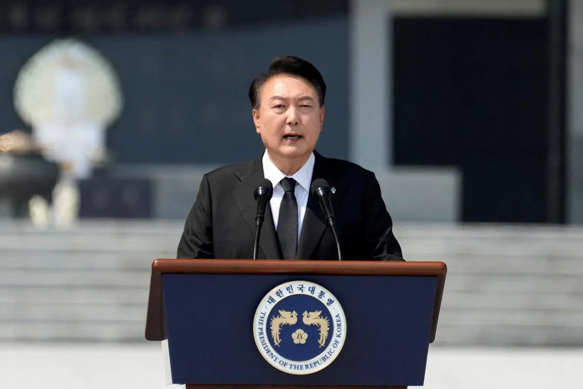 FILE PHOTO: South Korean President Yoon Suk Yeol delivers a speech during a ceremony to mark the 69th Memorial Day at the Seoul National Cemetery in Seoul, South Korea, Thursday, June 6, 2024.  Lee Jin-man/Pool via REUTERS/File Photo