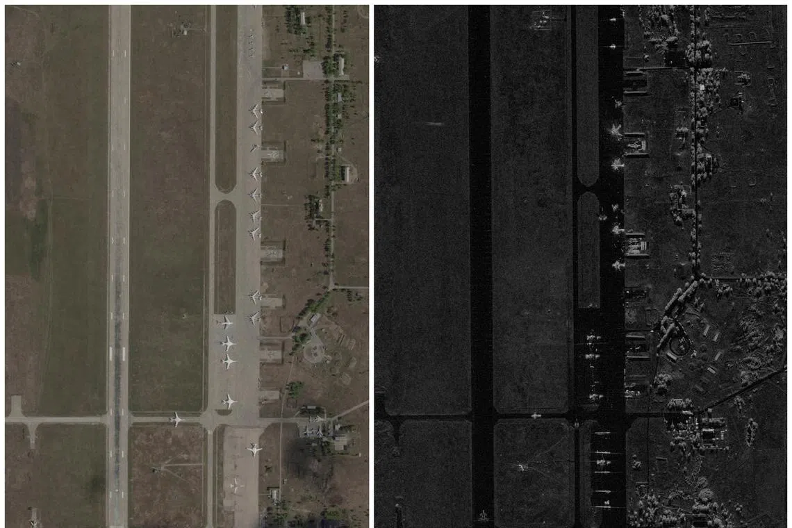A combination picture shows satellite images of the Belaya airfield, before and after the Ukrainian drones attack targeting Russian military airfields, amid Russia's ongoing invasion of Ukraine, in Irkutsk region, Russia, May 17, 2025 on the left, and June 2, 2025 on the right. 2025 Planet Labs PBC (left) & Capella Space/Handout via REUTERS