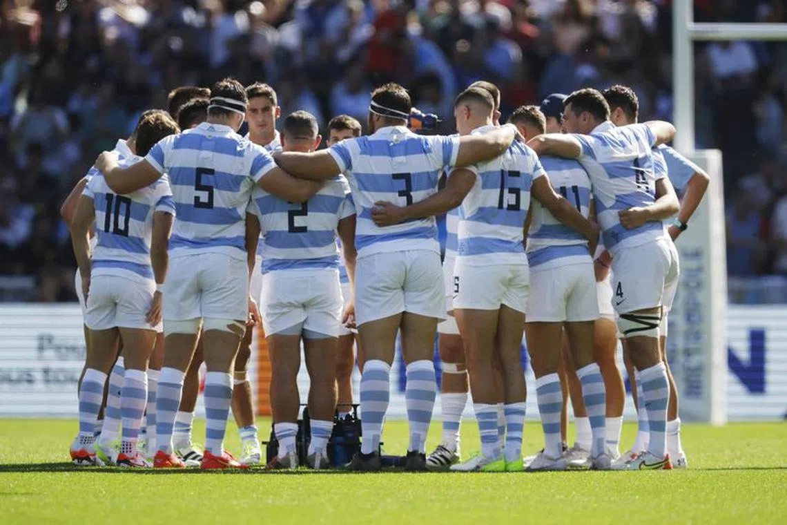 Rugby Union - Rugby World Cup 2023 - Pool D - Argentina v Chile - The Stade de la Beaujoire - Louis Fonteneau, Nantes, France - September 30, 2023 Argentina players in a huddle before the match REUTERS/Stephane Mahe