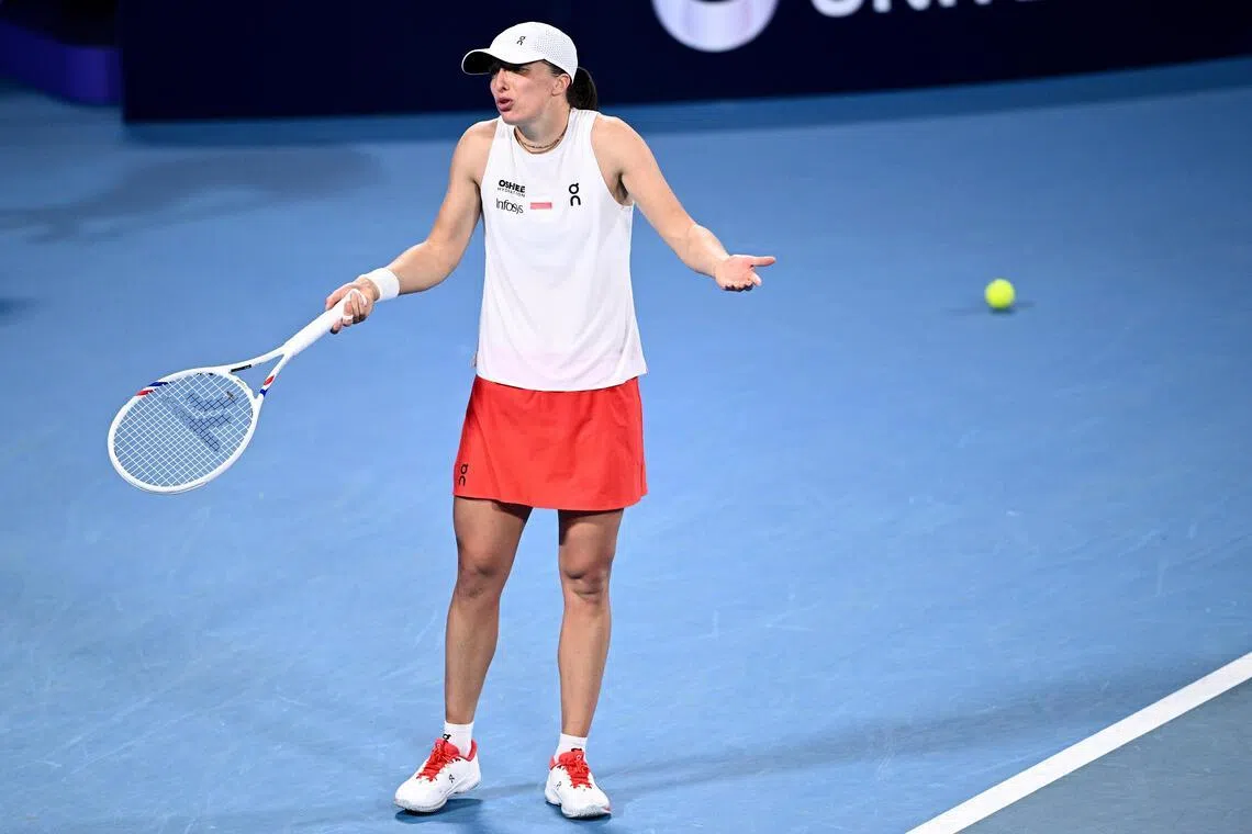 Iga Swiatek of Poland reacting during her 3-6, 6-0, 6-3 loss to Belinda Bencic of Switzerland during the 2026 United Cup final between Poland and Switzerland at Ken Rosewall Arena in in Sydney on Jan 11, 2026.