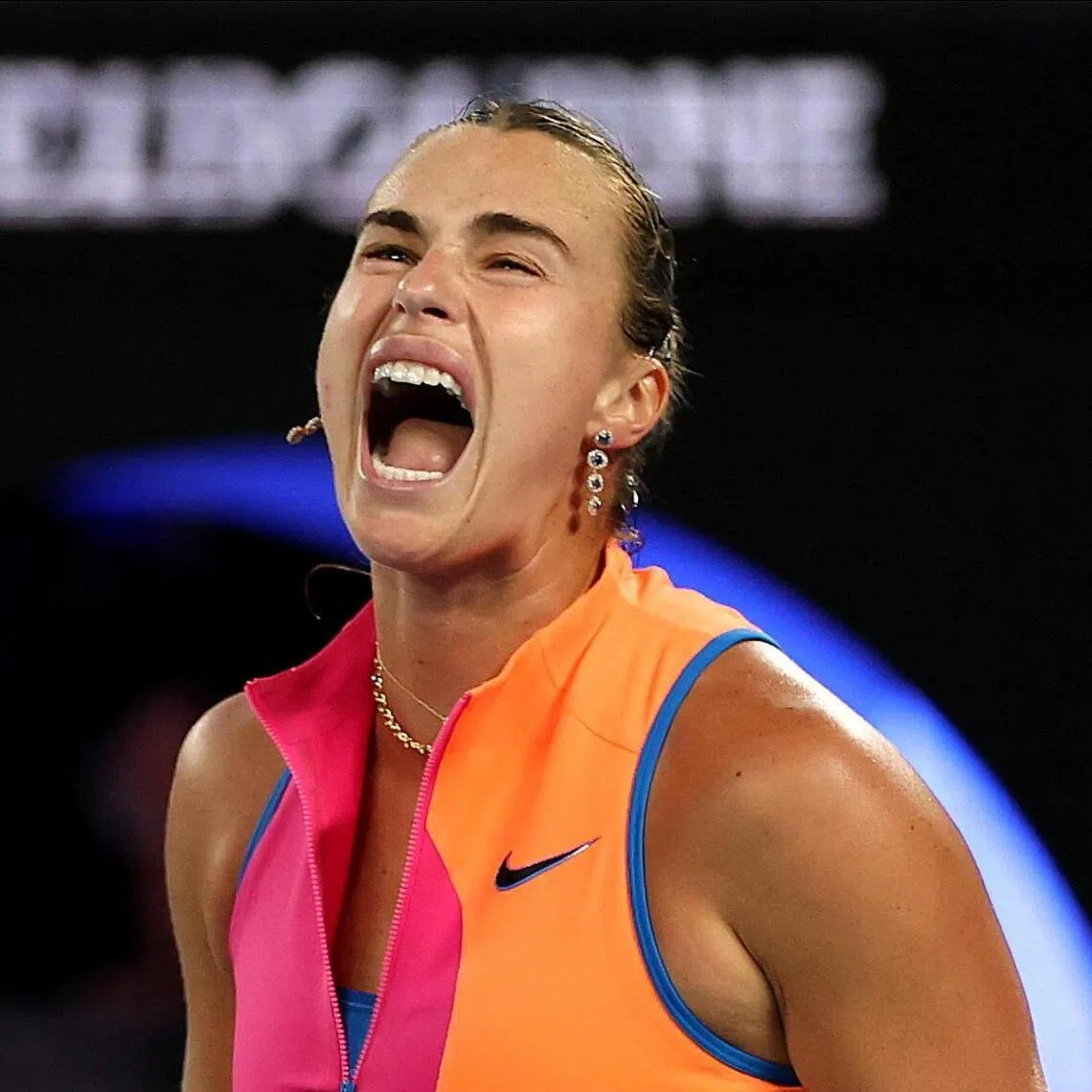 Belarus' Aryna Sabalenka shows her emotions during her semi-final match against Ukraine's Elina Svitolina.