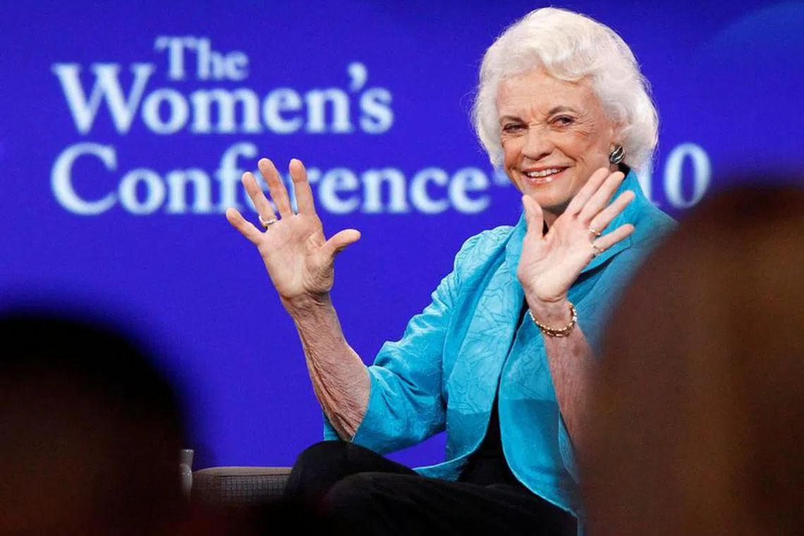 FILE PHOTO: Retired Supreme Court Justice Sandra Day O'Connor speaks during the lunch session of The Women's Conference in Long Beach, California October 26, 2010.  REUTERS/Mario Anzuoni/File Photo