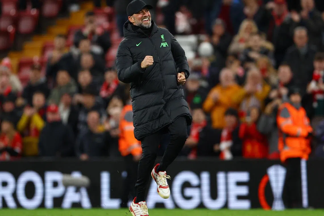 Soccer Football - Europa League - Round of 16 - Second Leg - Liverpool v Sparta Prague - Anfield, Liverpool, Britain - March 14, 2024 Liverpool manager Juergen Klopp celebrates after the match REUTERS/Molly Darlington