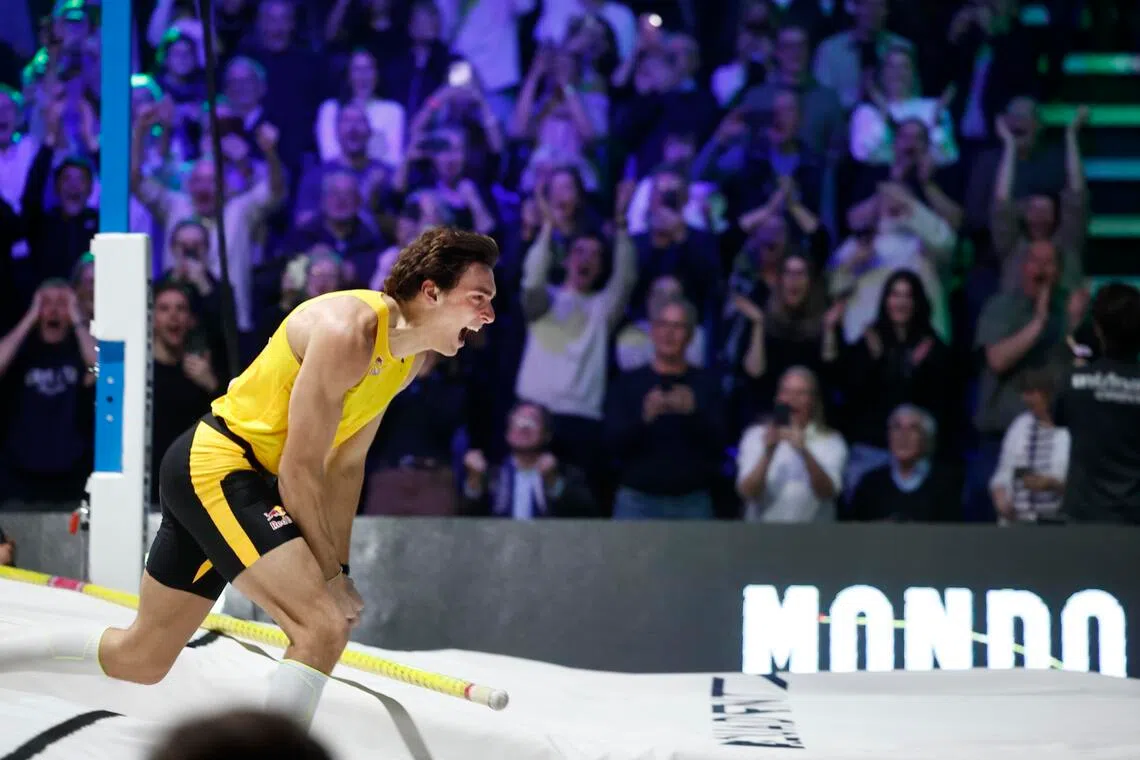Sweden's Armand Duplantis reacting after clearing 6.31m and setting a new world record during the pole vault gala Mondo Classic at the IFU arena in Uppsala, Sweden, on March 12, 2026.