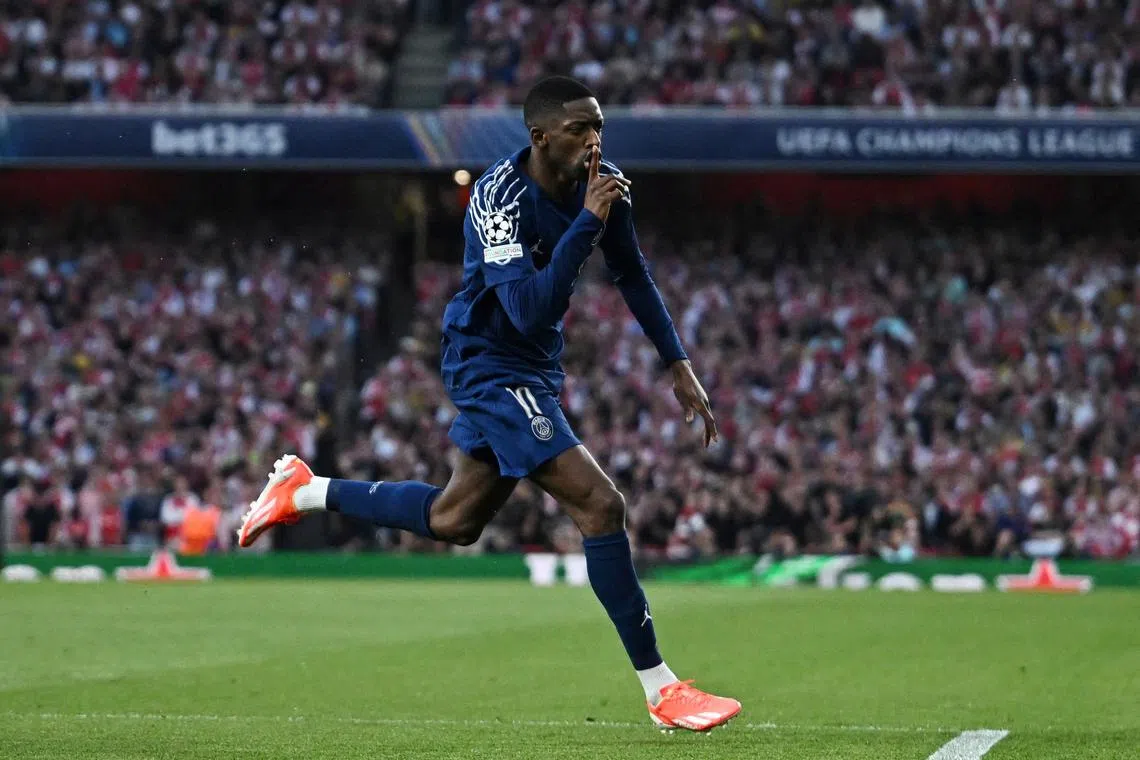 Soccer Football - Champions League - Semi Final - First Leg - Arsenal v Paris Saint Germain - Emirates Stadium, London, Britain - April 29, 2025 Paris St Germain's Ousmane Dembele celebrates scoring their first goal REUTERS/Dylan Martinez     TPX IMAGES OF THE DAY