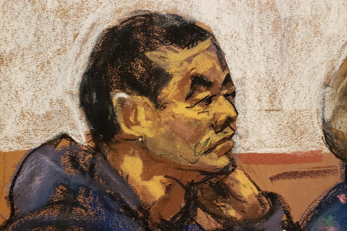 FILE PHOTO: Chen Jinping sits with attorney Susan Kellan after two New York residents were arrested for allegedly operating a Chinese \"secret police station\" in Manhattan's Chinatown, part of a crackdown on Beijing's alleged targeting of U.S.-based dissidents, during a hearing at a Brooklyn courthouse in New York, U.S., April 17, 2023 in this courtroom sketch.  REUTERS/Jane Rosenberg/File Photo