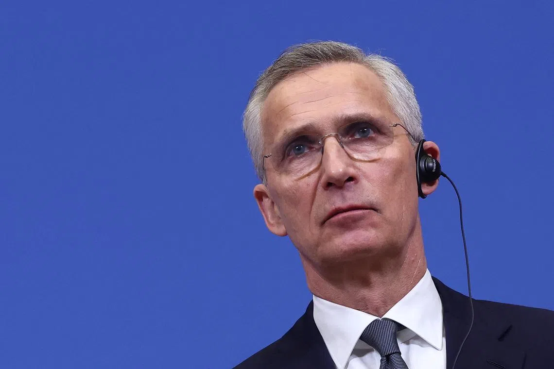 FILE PHOTO: NATO Secretary General Jens Stoltenberg attends a press conference with Polish President Andrzej Duda at the alliance's headquarters in Brussels, Belgium March 14, 2024. REUTERS/Yves Herman/File Photo