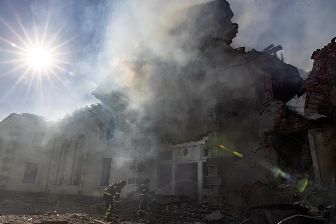 Firefighters work at the scene of a Russian missile strike that destroyed a train station, amid Russia's attack on Ukraine, in Kostyantynivka, Ukraine February 25, 2024. REUTERS/Thomas Peter