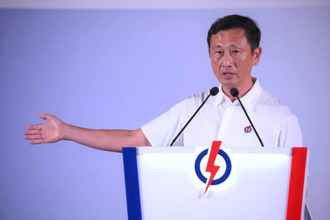 Minister for Health and PAP candidate for Sembawang GRC Ong Ye Kung speaks at a rally held at Woodlands Stadium on April 24.