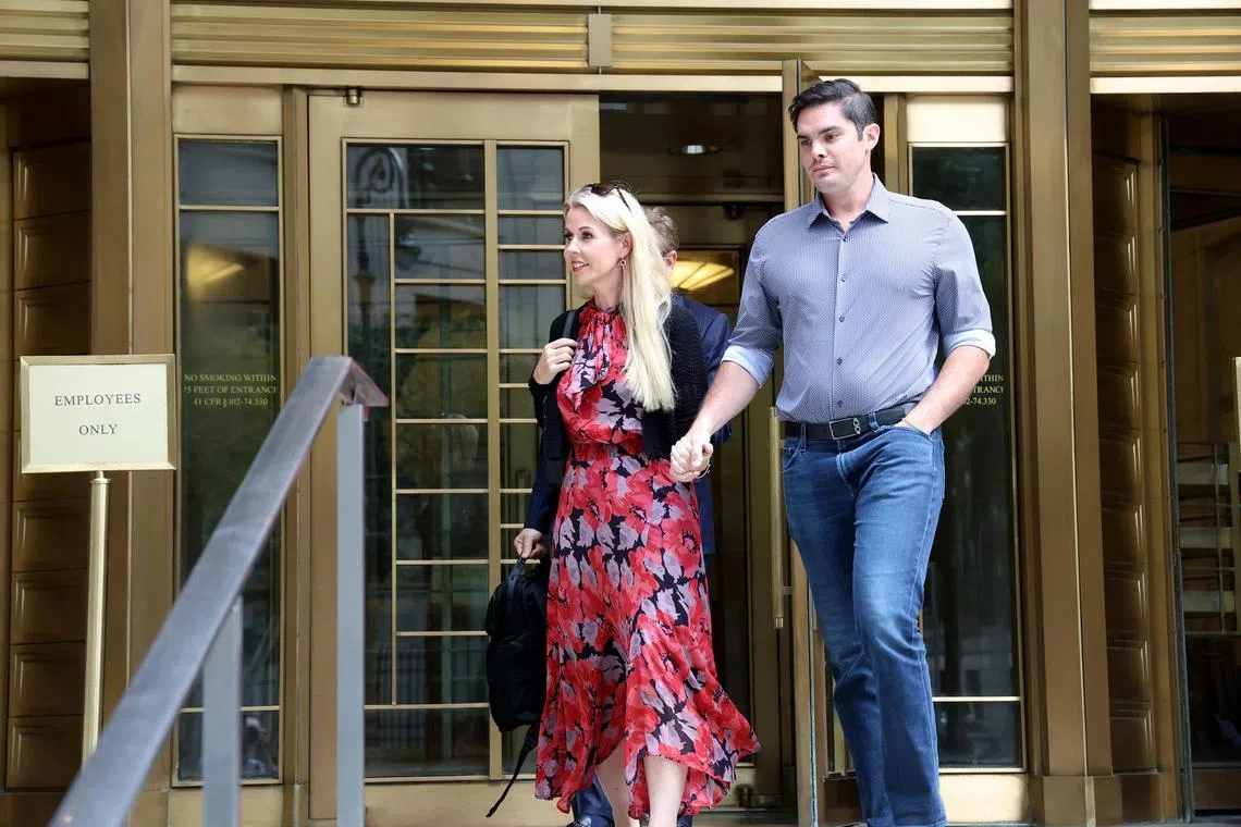 Michelle Bond, a former congressional candidate and crypto advocate, leaving federal court in Manhattan on Aug. 22, 2024, with her partner, Ryan Salame, a former top FTX executive who is set to begin a prison term. Salame, an FTX executive, and Bond, a crypto policy advocate, were once a Washington power couple. Now they both face prison time. (Jefferson Siegel/The New York Times)