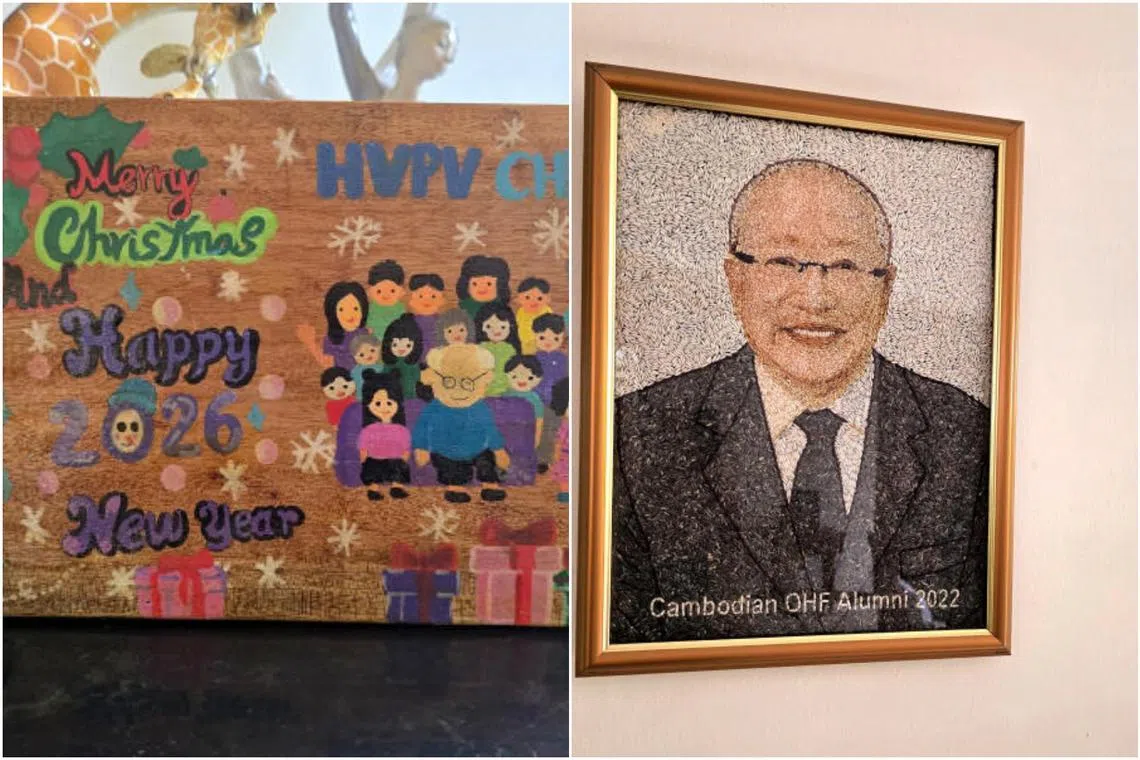 (From left) The children of Hope Village made a drawing of them and Robert Kee for Christmas in 2025, and a portrait of Kee pieced with coloured rice grains by alumni of the Cambodian children’s home.