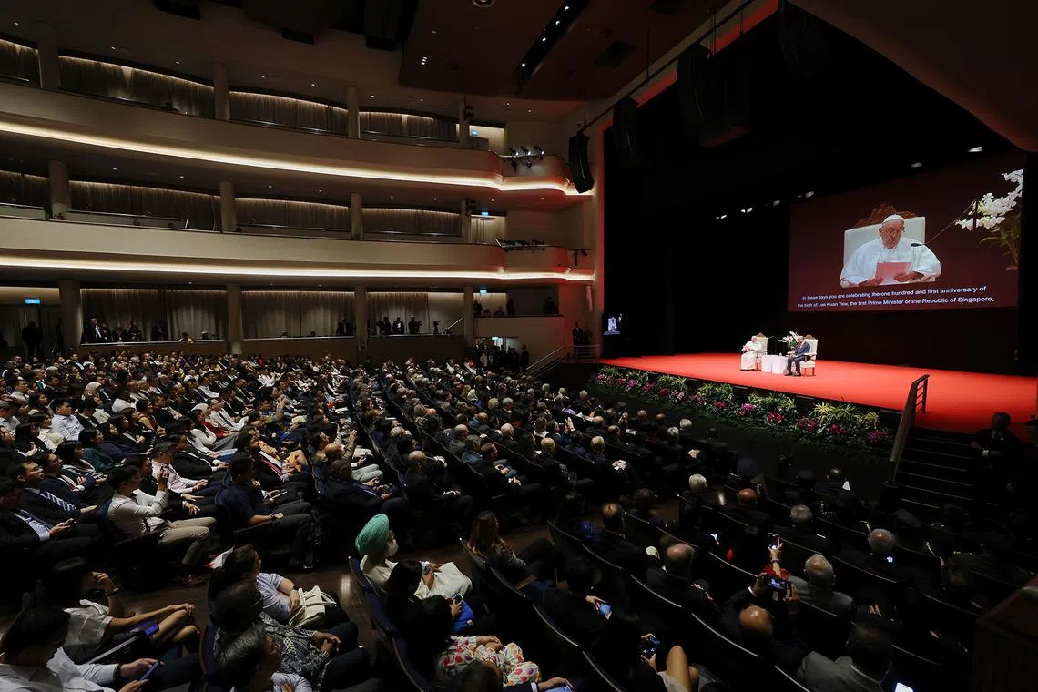 The Pope added that his trip comes 43 years after Singapore and the Vatican officially established diplomatic relations. 

ST20240912_202401000692/pixpope12/Jason Quah/ Pope Francis and President Tharman Shanmugaratnam at the State Address at National University Singapore (NUS) University Cultural Centre (UCC) on Sept 12, 2024. ST PHOTO: JASON QUAH