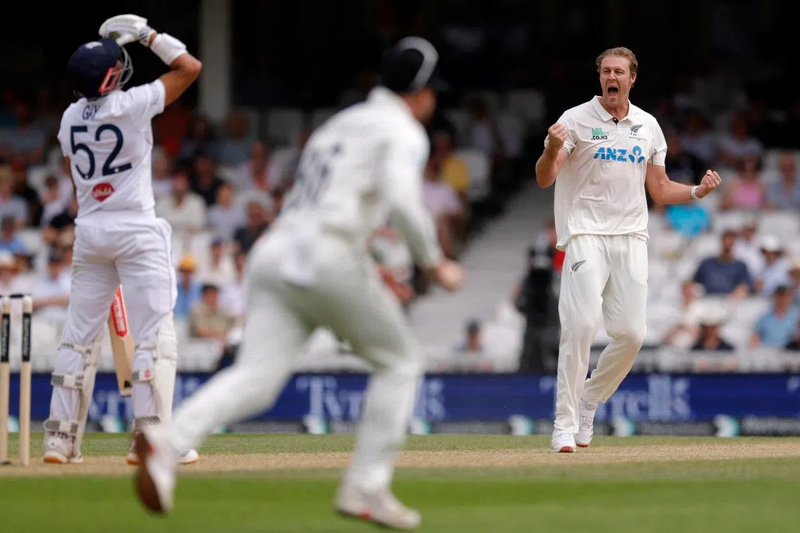 Cricket - England v New Zealand - Second Test - Kia Oval, London, Britain - June 20, 2026 England's Kyle Jamieson celebrates after taking the wicket of New Zealand's Emilio Gay Action Images via Reuters/Andrew Couldridge