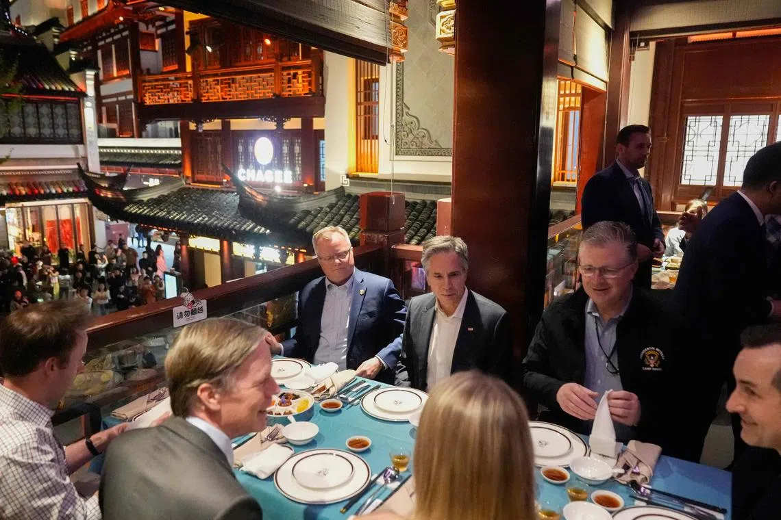 US Secretary of State Antony Blinken dines at the Nanxiang Steamed Bun Restaurant at the Yu Gardens in Shanghai on April 24.